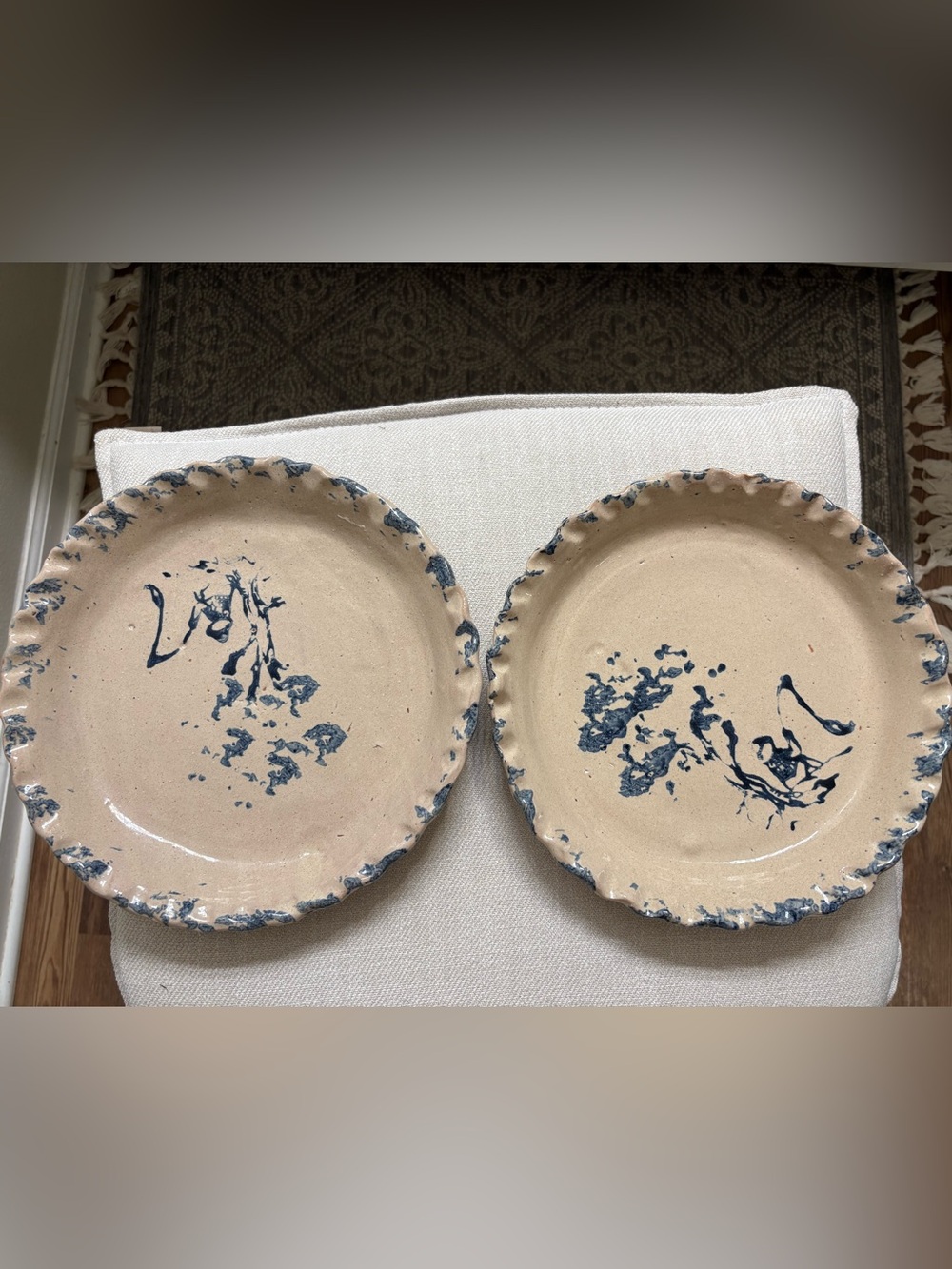 Handmade Ceramic Decorative Plates in Cream with Blue Accent
